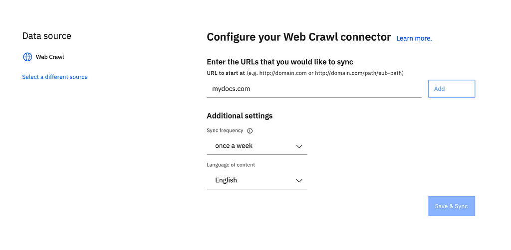 Screen shot of Watson Assistant connector to Watson Discovery, for enabling search.