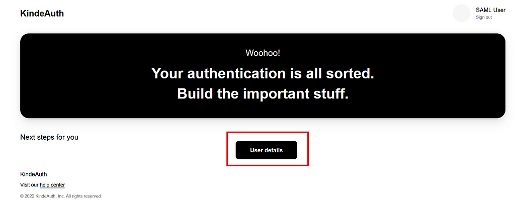 Image of Kinde authentication sorted screen with “User details” button