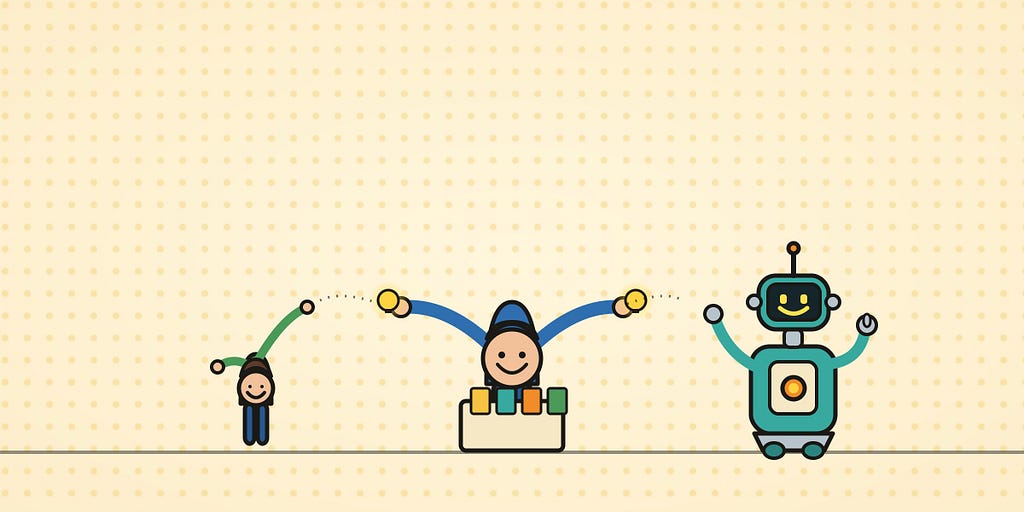 A cartoon man stands at a box of neatly labeled, color-coded folders, handing a glowing thought to a small apprentice on his left and another to the teal robot on his right, working both at once.