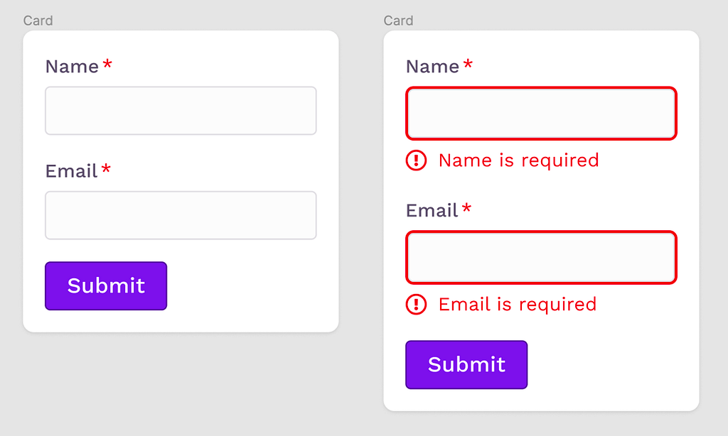 Example of a submit button enabled at all times. Validation on required fields is triggered on the Submit button click.