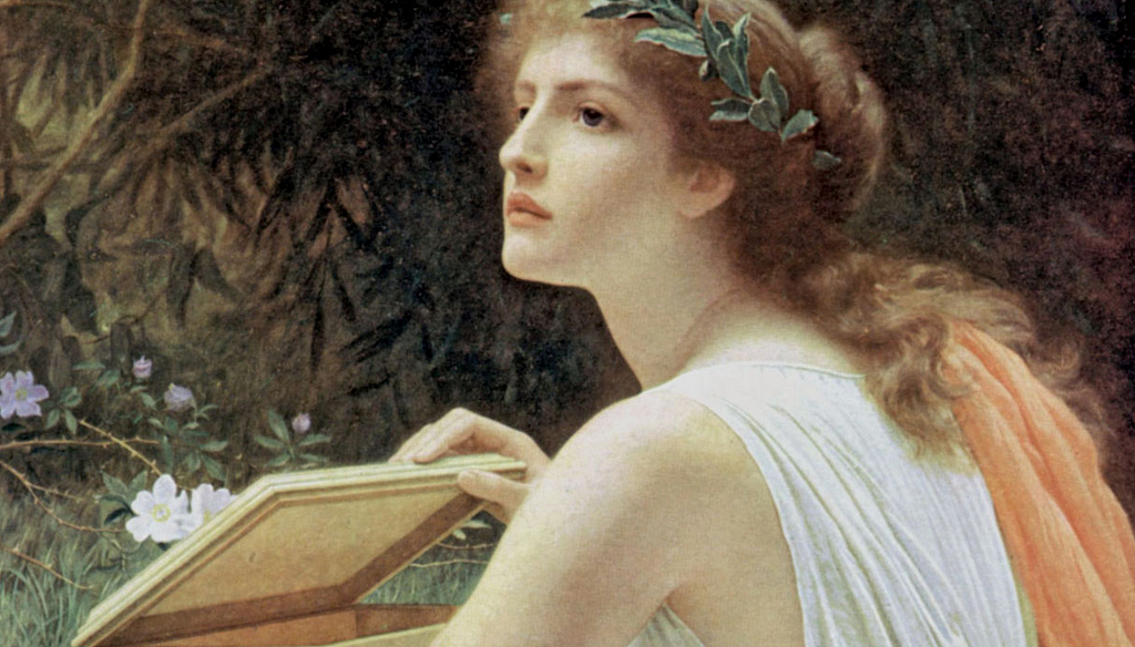 A woman wearing an ivy crown looks off to her left while opening a golden box