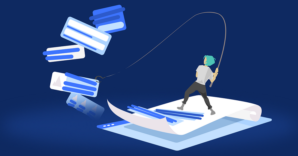 Illustration if someone fishing for the right phrases while standing on something like a website platform.