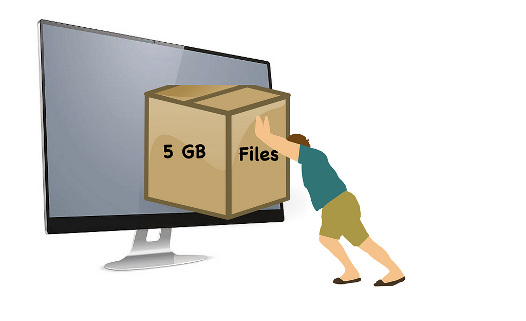 A person pushes a cardboard box labeled “5GB files” into a giant computer monitor.