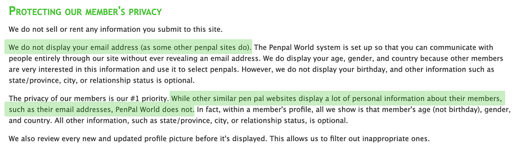 A screenshot from the website which lists how the site does not disclose its users’ emails publicly.