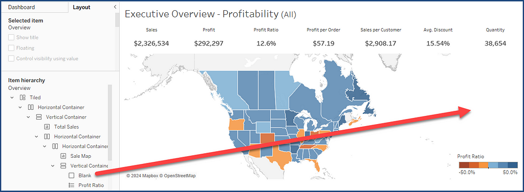 Superstore Sales dashboard showing the use of a blank to “push” the color legend for the map down to the lower right