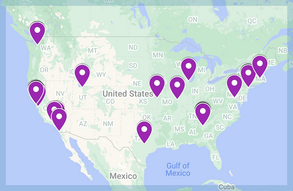 Map of locations we worked across the US. 11 states are represented.