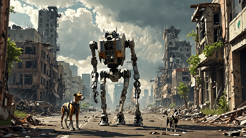A large, four-legged robot stands on a debris-strewn street in a ruined city. Buildings are crumbling and overgrown with vegetation. Two dogs, a brown-and-white pointer and a white bull terrier, stand on either side of the robot, looking in opposite directions. The scene evokes a sense of post-apocalyptic desolation.