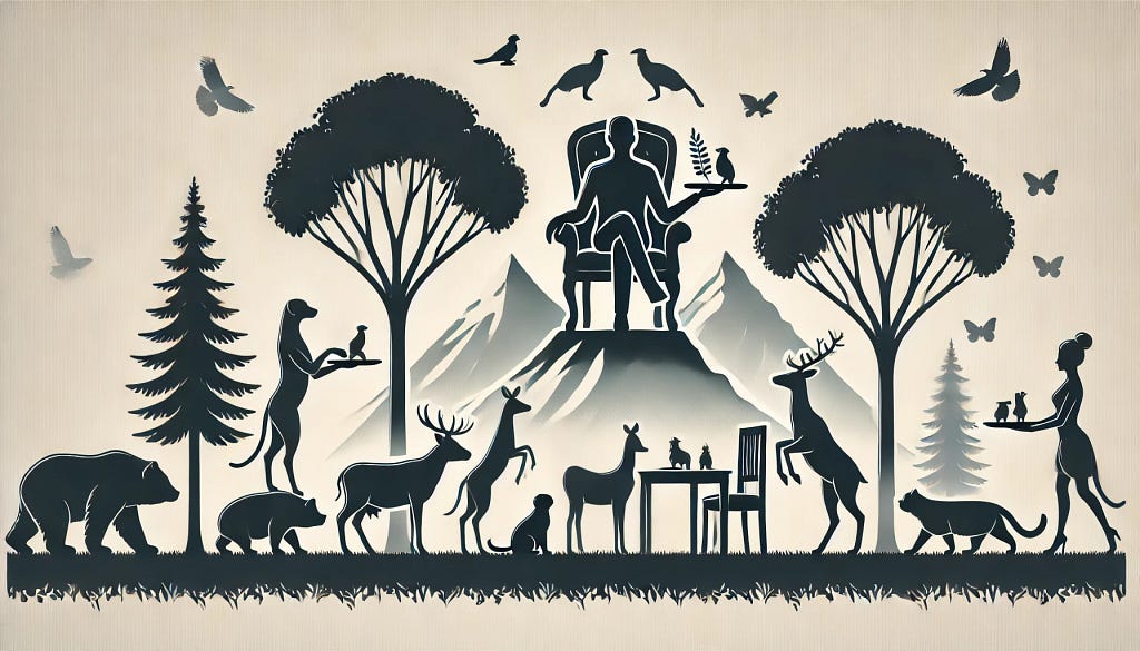 Art showing human as king sitting on a mountain with other elements of nature in his service.