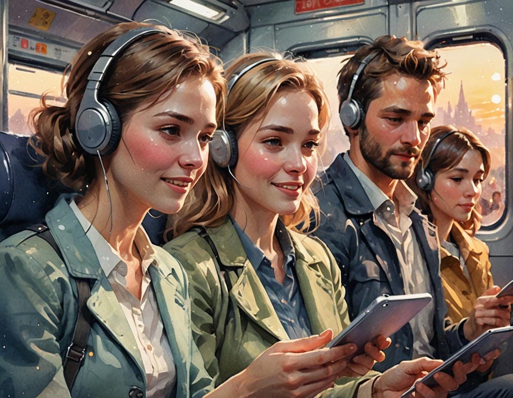 Optimizing Substack for Maximum Reach with effective Substack promotion strategies — four public transport passengers reading on their devices
