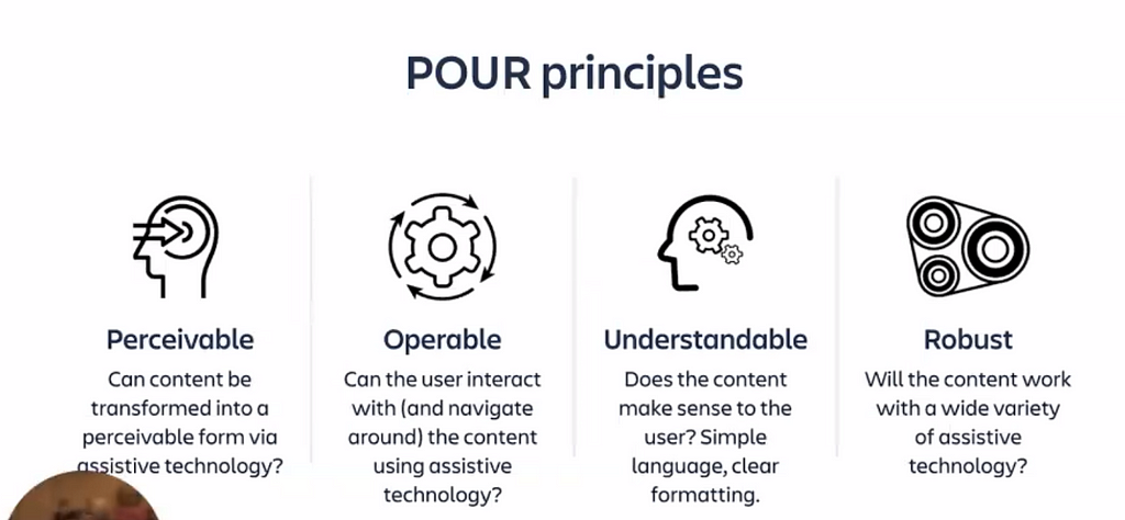 Intuit’s guidelines for accessibility are driven by four principles. They spell out the acronym POUR (Perceivable, Operable, Understandable, Robust).