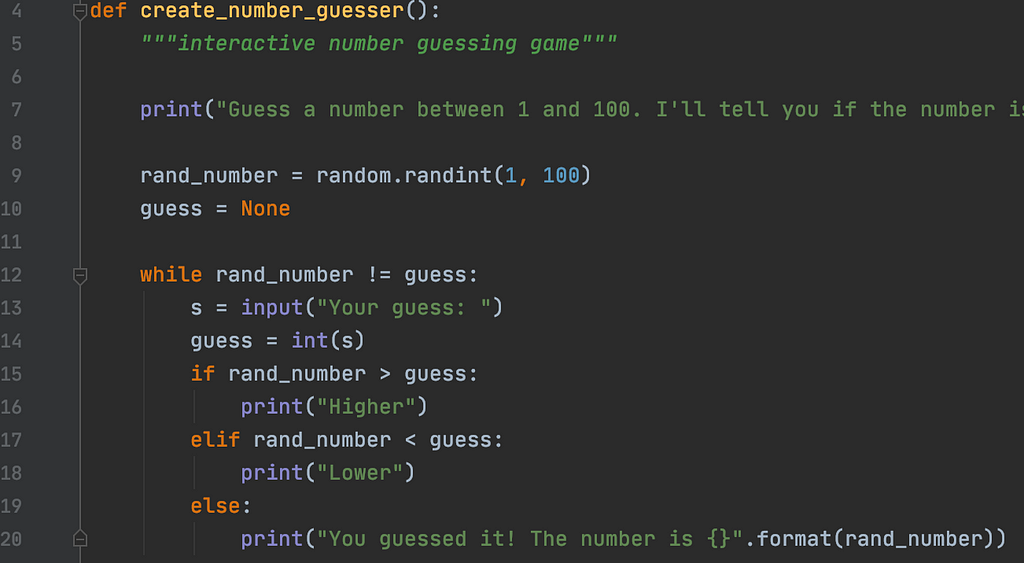 the create_number_guesser function with the addition of the while loop that retrieves input from the terminal