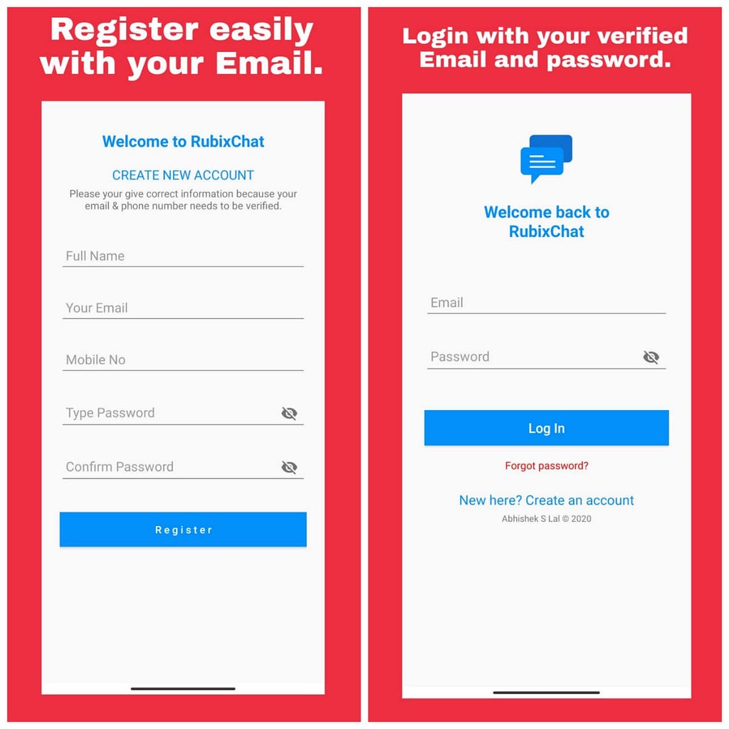 Screenshot of register and login screen