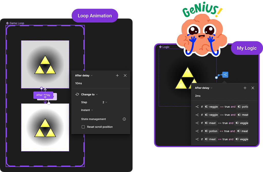 Shows how you can create a loop with delay betweewn two variants, and use that to constatly check for changes in Figma variables