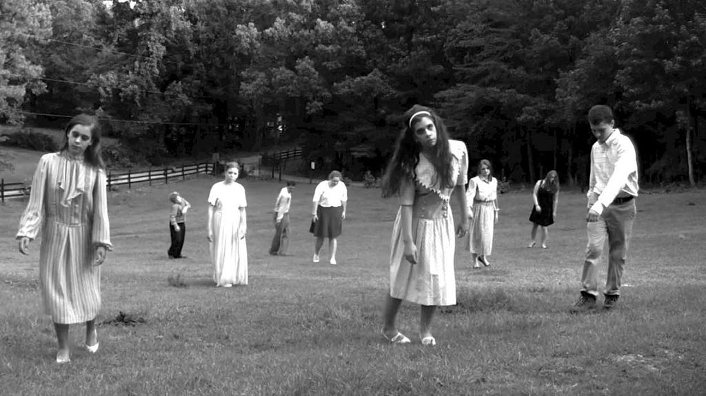 Black & white picture. A bunch of zombies, mostly children are stumbling in a field towards the viewer.