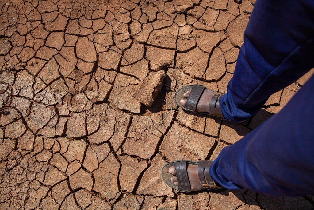 A man standing on soil affected by drought