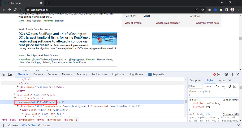 inspecting an anchor tag with name attribute on techmeme