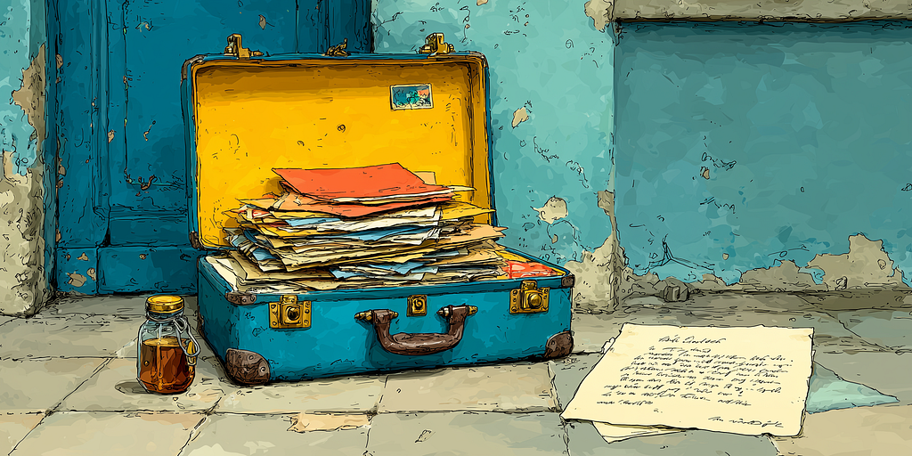 A briefcase full of documents next to a single written paper