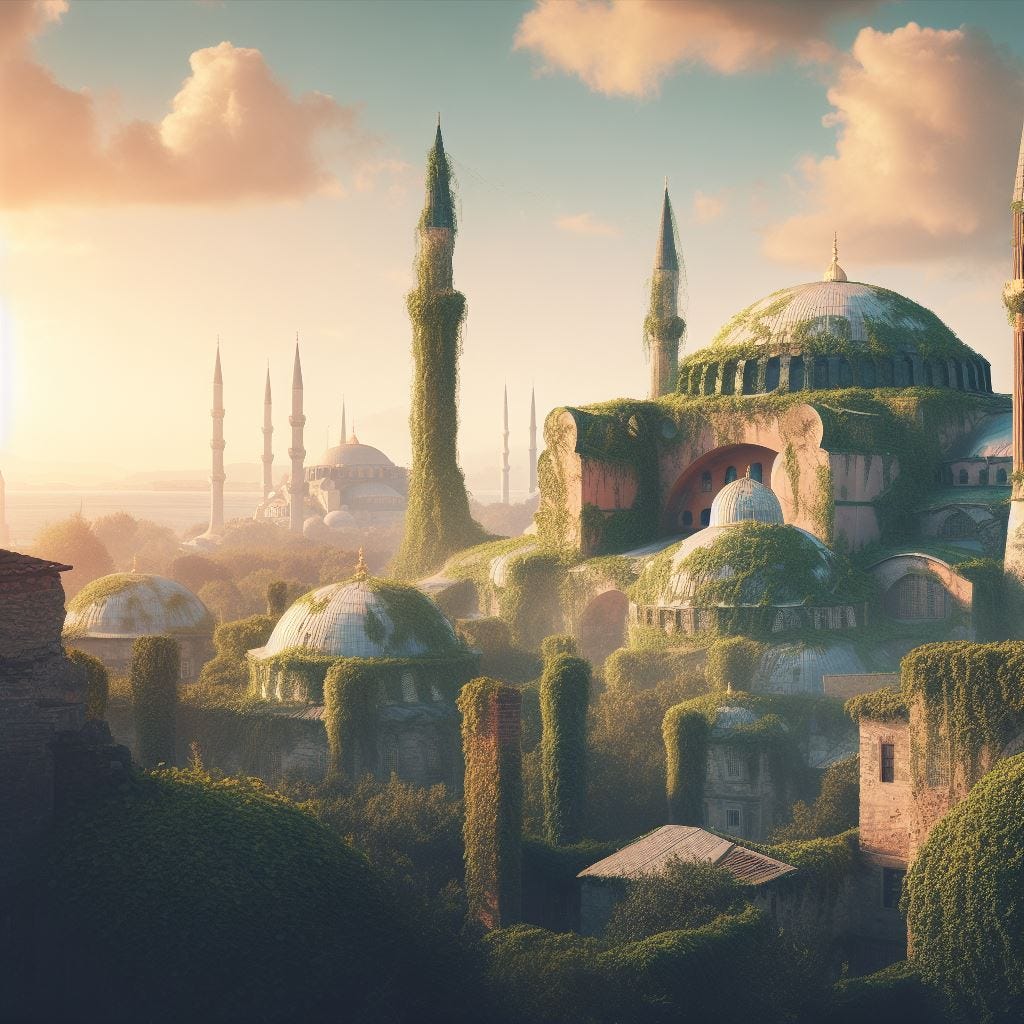 Prompt: “A realistic high-resolution photo of Hagia Sophia and Istanbul skyline covered with green vines and mosses as if no human touched them for 1000 years. Retro style, sunset, light filtering from the mosque minaret, partly cloudy sky.”