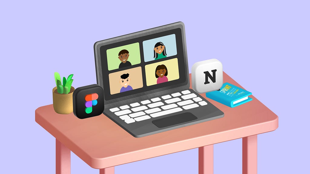 illustration of google meet on a laptop with interns on a table