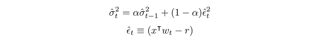\[ \hat{\sigma}_{t}² = \alpha\hat{\sigma}_{t-1}² + (1-\alpha) \hat{\epsilon}_t² \] \[\hat{\epsilon}_t \equiv (x^\interca