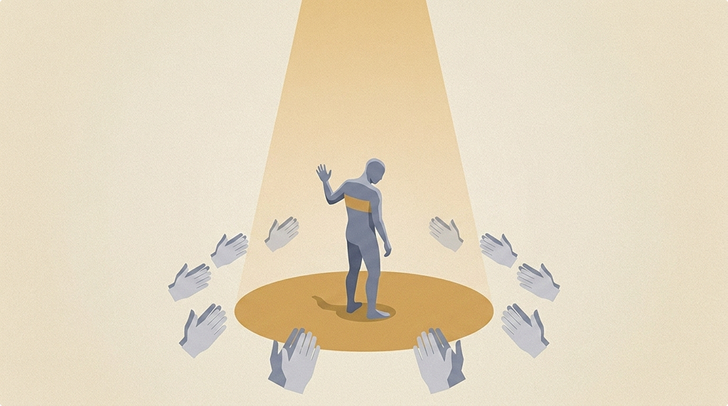 A lone figure stands in a spotlight, ringed by disembodied clapping hands, raising one hand and turning slightly away, uneasy with the applause.