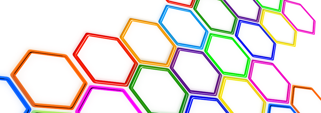 A group of connected multicolored hexagons.