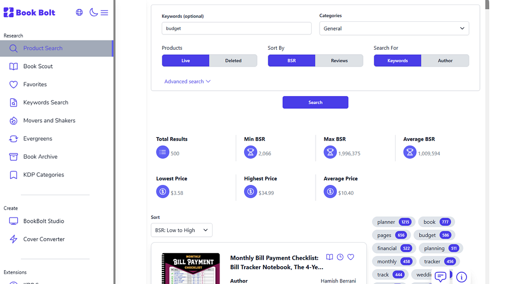 Product Search tool with keyword entry and BSR sorting options visible