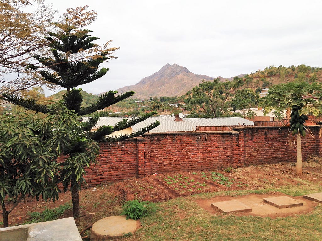 In the distance there is a brown mountain with a tree covered hill in front. In the foreground there is a brick wall with a garden in front of it, and some trees framing the view off to the left.