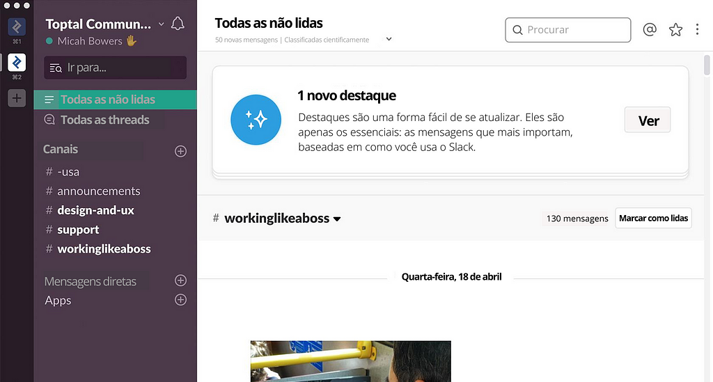 Página do Slack exibindo mensagens não lidas.