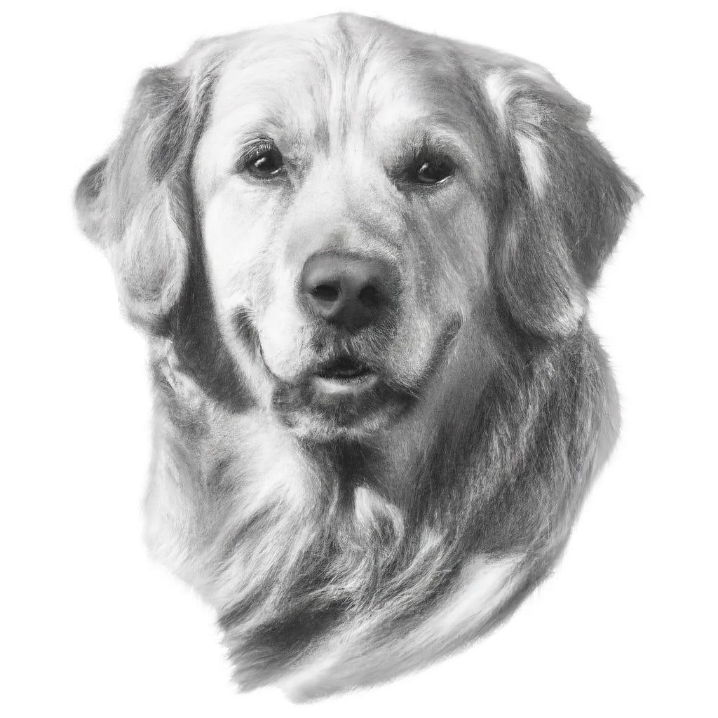 A pencil and charcoal portrait drawing of a Golden Retriever