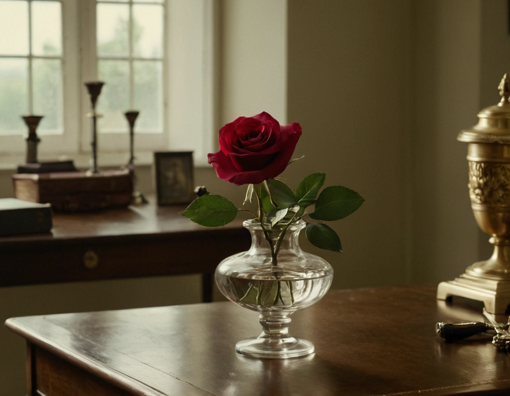 A single red rose in a clear glass vase sits on a wooden table with a window and a gold lamp in the background.