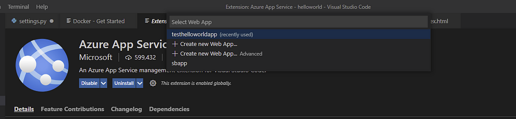 Select the WebApp in which you want to deploy your application — Deploy a Django application in Azure App Services | Orionlab | Orionlab.io