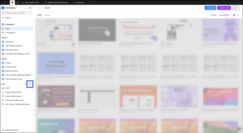 Figma home page highlighting where to click to add a new section to the home page sidebar