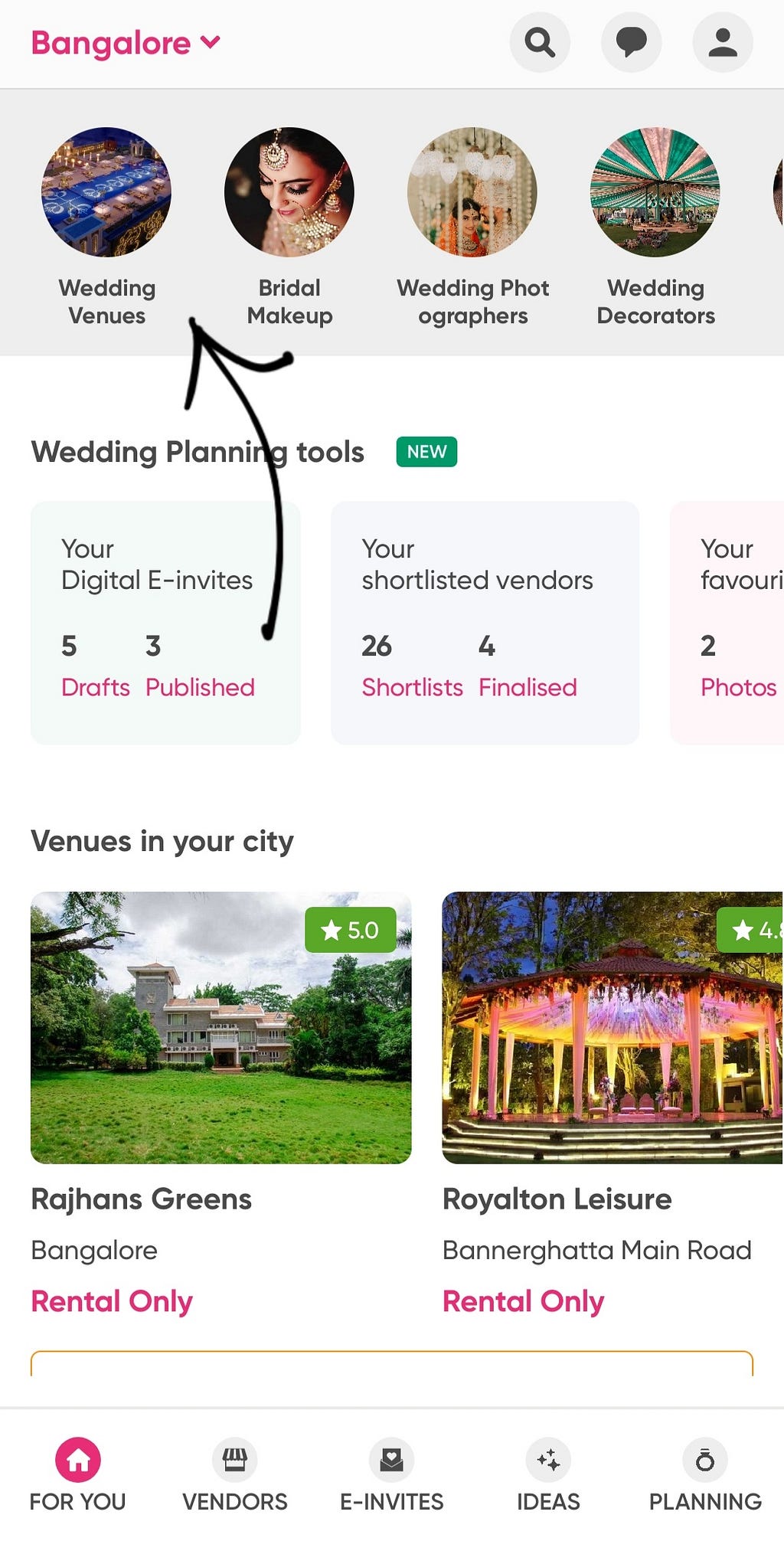 Homepage of the app with the vendor categories shown on top