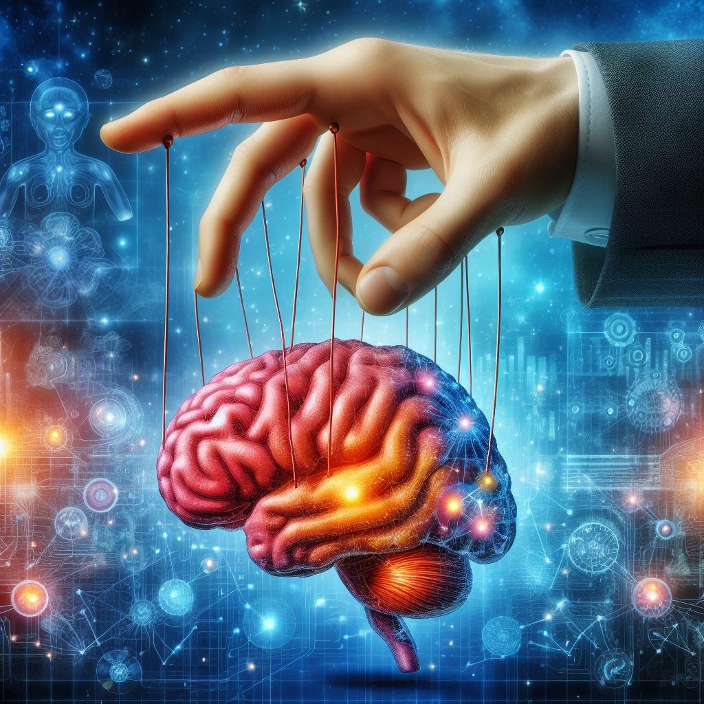 Ornamental image. Digital Illustration of hand puppeting a human brain on a blue, light blue background with geometrical sci-fi lines, charts and graphs