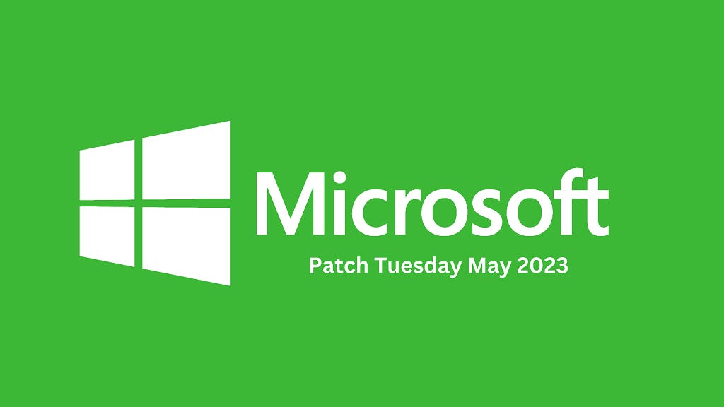 Microsoft logo with Patch tuesday May 2023 wording on a green background