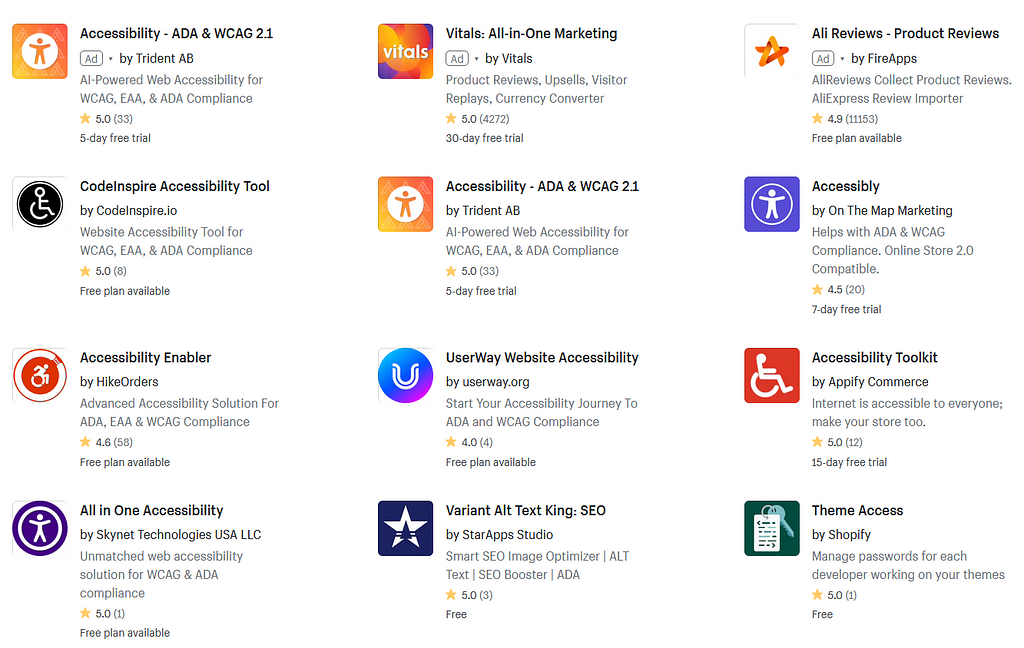 Shopify App Store results showing various icons and details of apps for accessibility.