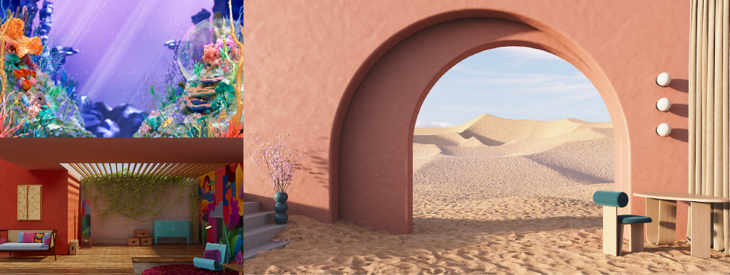 A collage of 3D backgrounds featuring a colorful ocean backdrop, an earth-toned living space with colorful furniture, and a desert scene with unusual architecture.