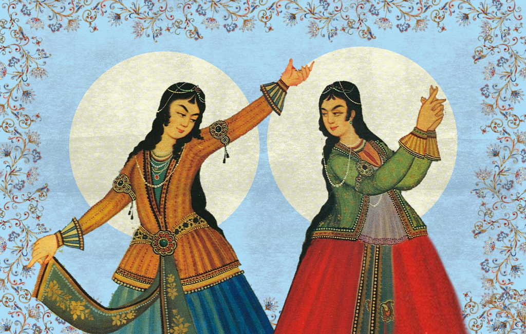 Raghs-isfahan:Persian Women dancing. From a wall painting at “Hasht Behesht Palace