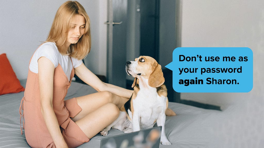 A dog is lying on a bed, with a laptop in front of it. A speech bubble appears above the dog, saying “Don’t use me as your password again Sharon”.