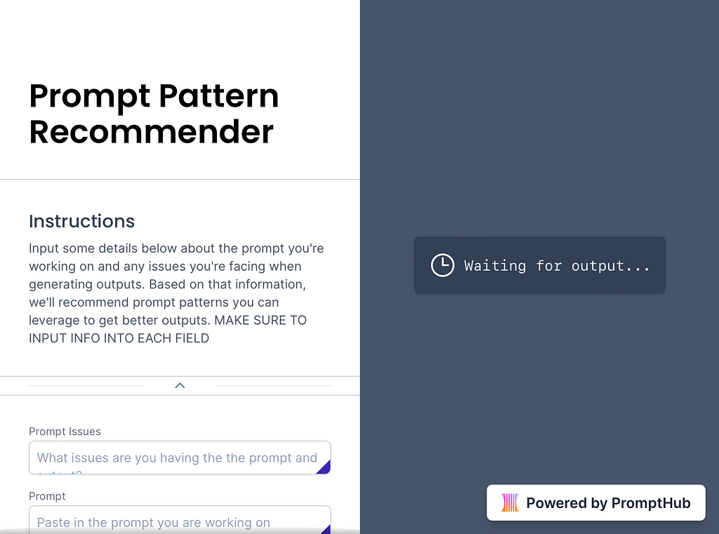 PromptHub Form with instructions and inputs on the left, with an output section on the right