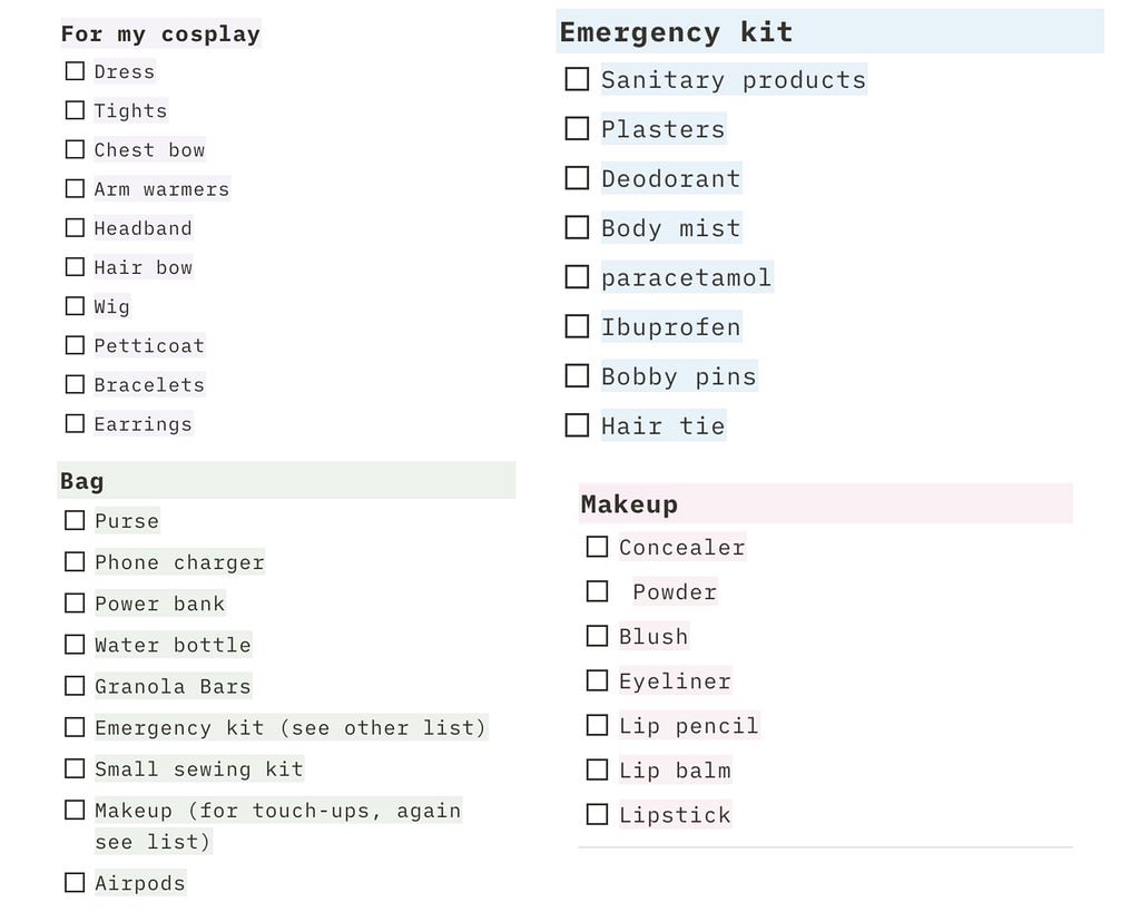 my packing list