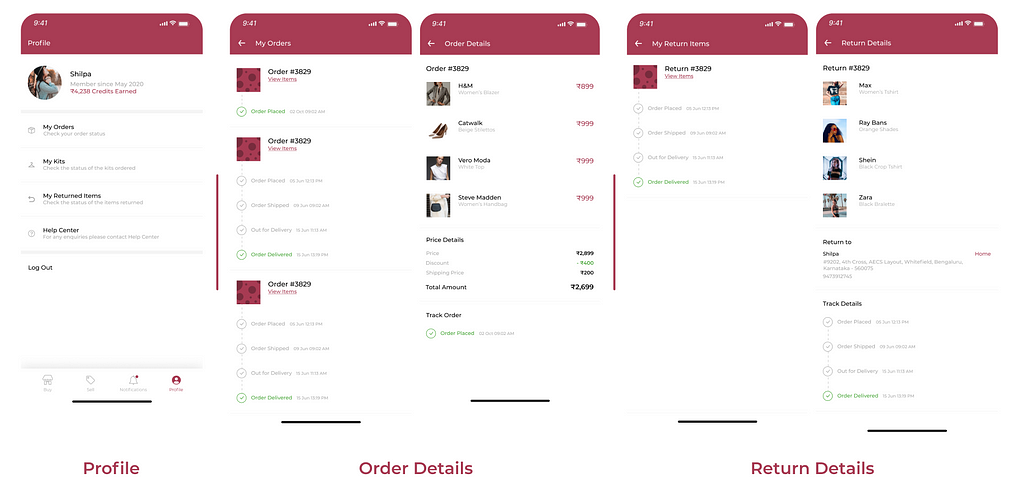 Screens for profile, order tracking and return tracking