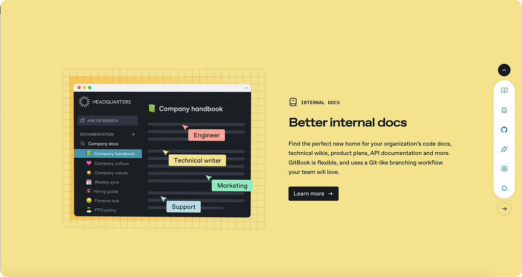 A screenshot from the GitBook website showcasing the “Internal Docs” feature. The illustration displays a mockup of a “Company handbook” with floating pointers labeled “Engineer,” “Technical writer,” “Marketing,” and “Support.” On the right, the title reads “Better internal docs,” followed by text explaining how GitBook provides a flexible home for code docs, technical wikis, product plans, and more, with a Git-like workflow.