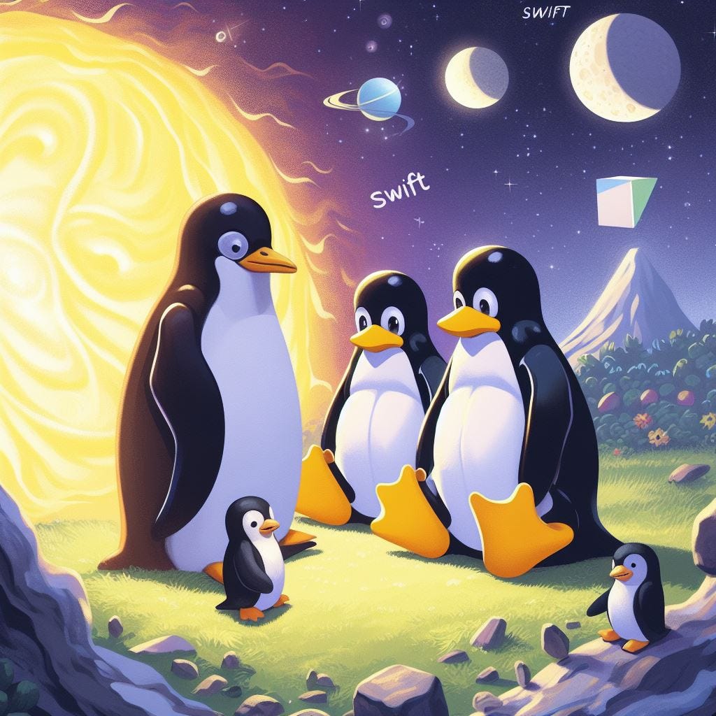 Penguins sitting on an unknown planet with 2 moons and Sun so close it looks like it is on the planet itself, with “swift” thoughts flying above penguins