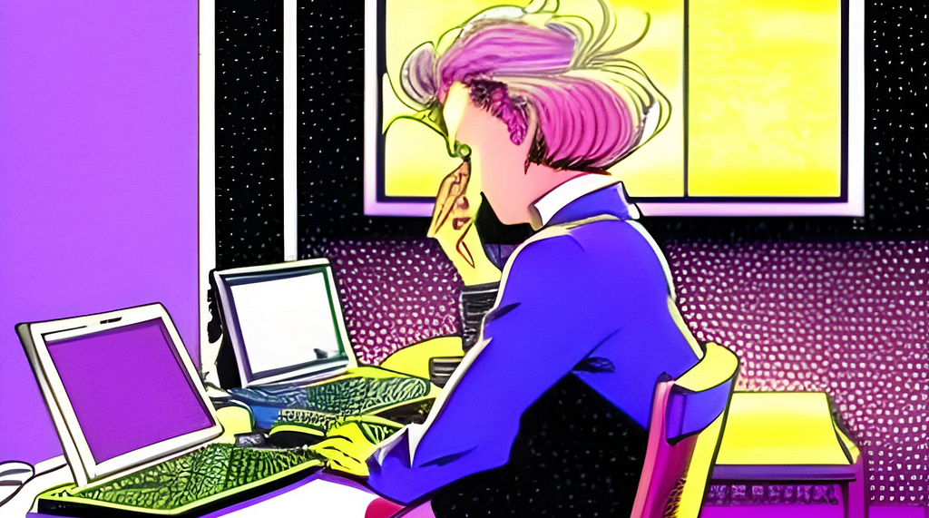 An illustration in the retro animation style showing a person with one hand on their laptop and another clutching their head