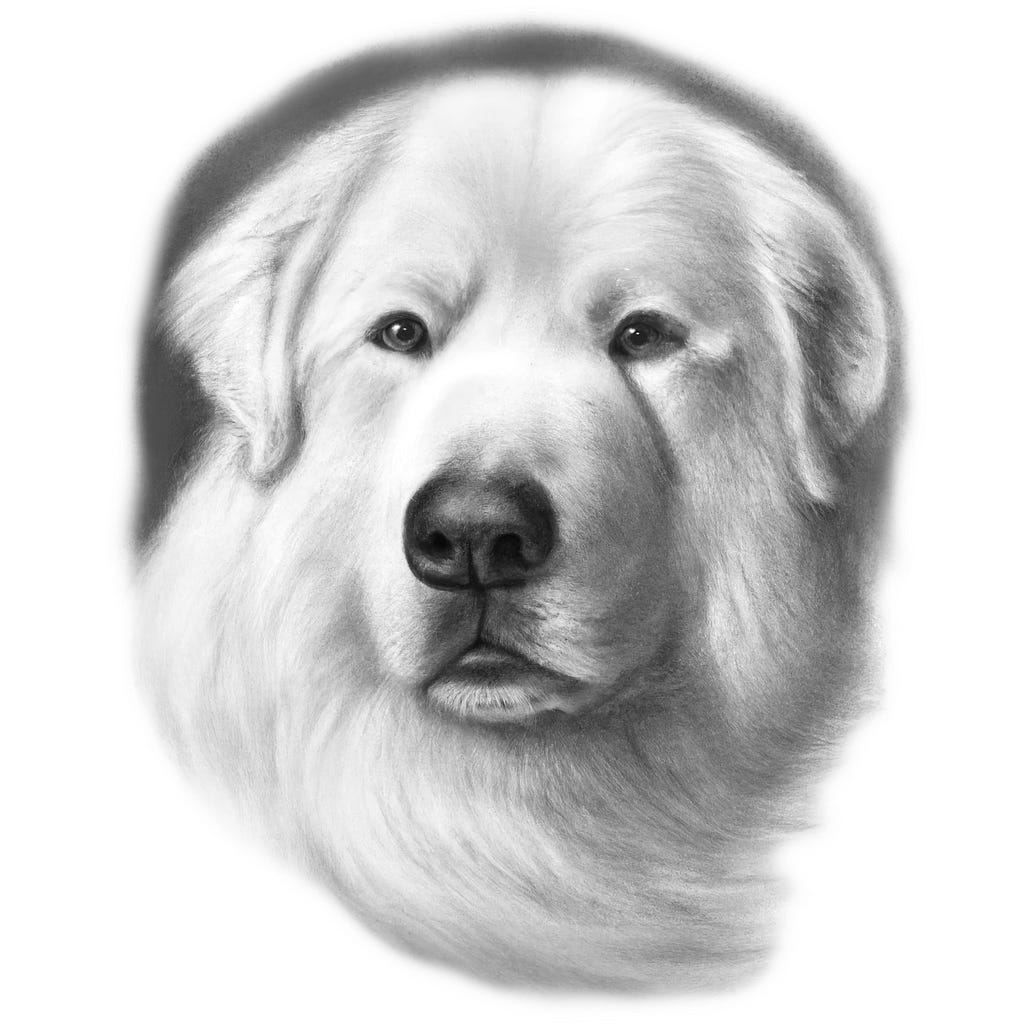 A pencil and charcoal portrait drawing of a Great Pyrenees