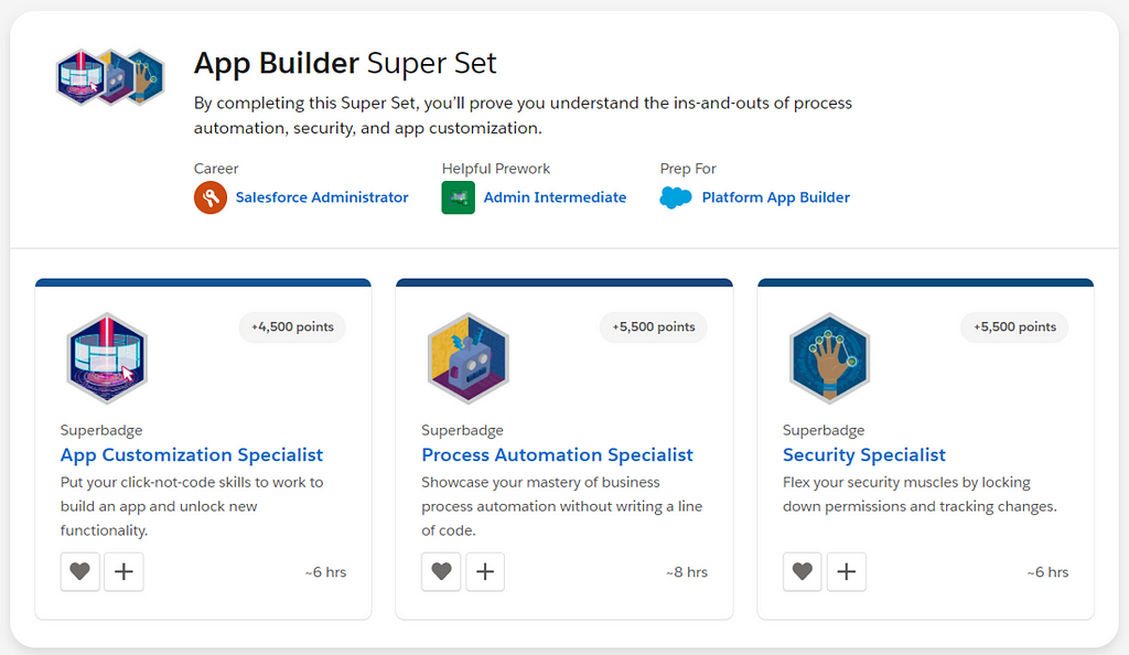 Screenshot of the Trailhead App Builder Super Set homepage.