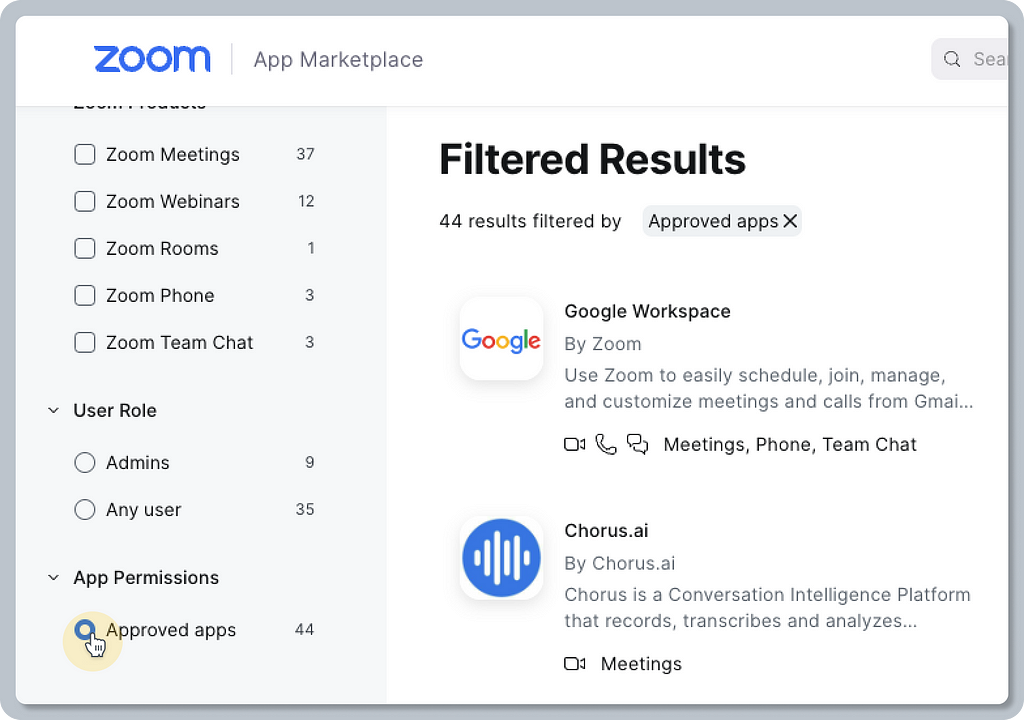 A screenshot close-up of the advanced filters in the Zoom Marketplace. The left side of the screenshot shows various filters with multiple and single choices, and the highlighted one is selected and labeled as “Approved apps”. The right side of the screenshot shows a list of filtered results with a heading labeled “Filtered Results.” There’s also a removable badge labeled as “Approved apps” underneath, which tells users which filter was used to deliver these results.