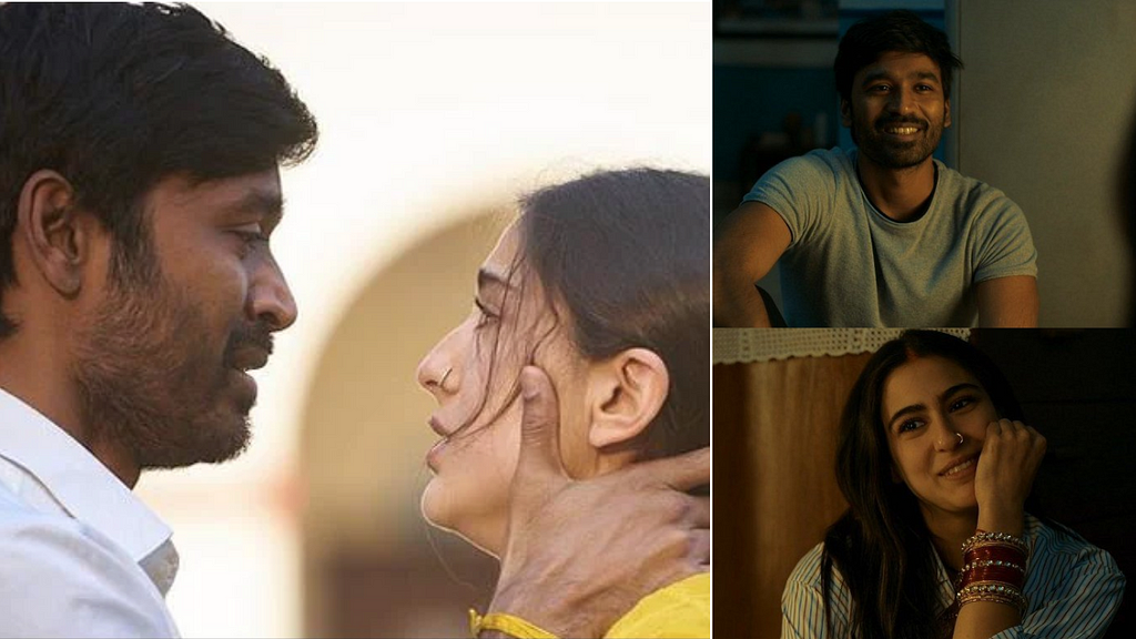 This image has three pictures in it. On the left is Dhanush as Vishu and Sara Ali Khan as Rinku in a near embrace. The right has two pictures of the characters smiling at each other. Rinku wears red bangles that are customarily worn in South Asia by married women.
